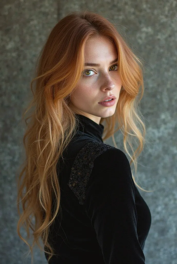 She has an ethereal presence, as if it were an apparition from a distant dream. Her coppery blond hair falls softly over her shoulders, with a soft glow that reflects light in a unique way, as if dyed by the dawn of a gray day.  Her thin lips , but elegant...