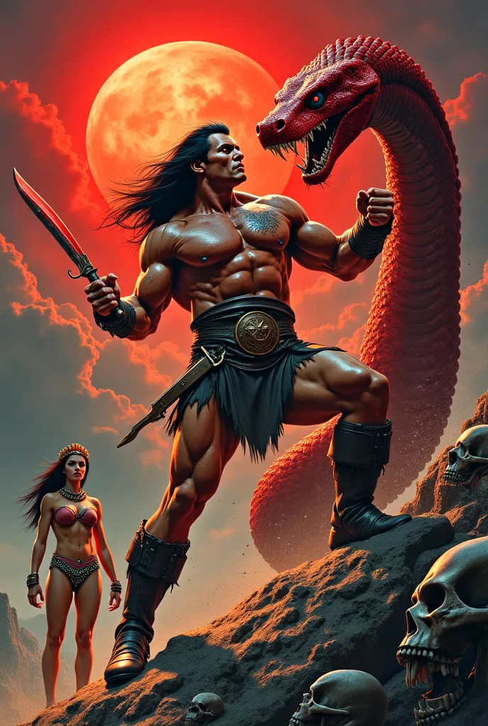 "Very muscular Conan Arnold Schwarzenegger with long black hair fights a huge red-scaled serpent under an apocalyptic sky. He holds a curved bloody dagger, as the serpent wraps around his body, trying to crush him. His face expresses fury and effort. In th...