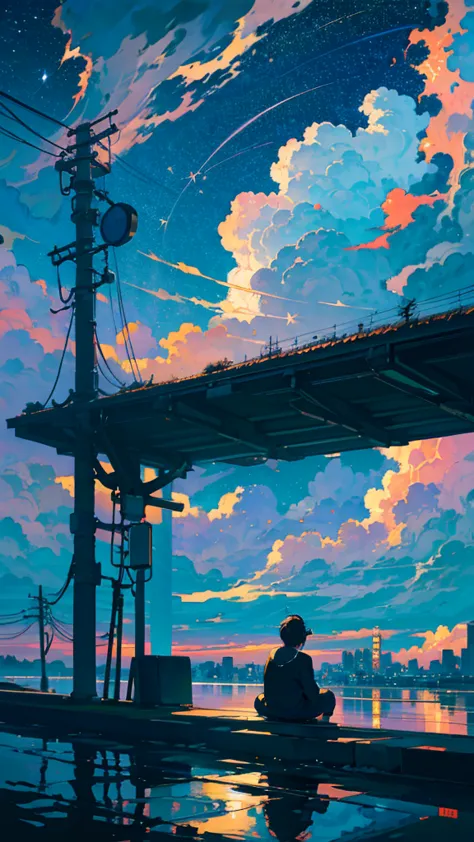 masterpiece, Exquisite detail,Highest quality, One boy , alone, handrail, cloud, buildings,Long Hair, zero, Long sleeve, Power lines, White footwear, Black Hair, Electric pole, bangs, cloudy zero, fish, bird, Green Eyes, Shorts, Day, Black Shirt, barefoot,...