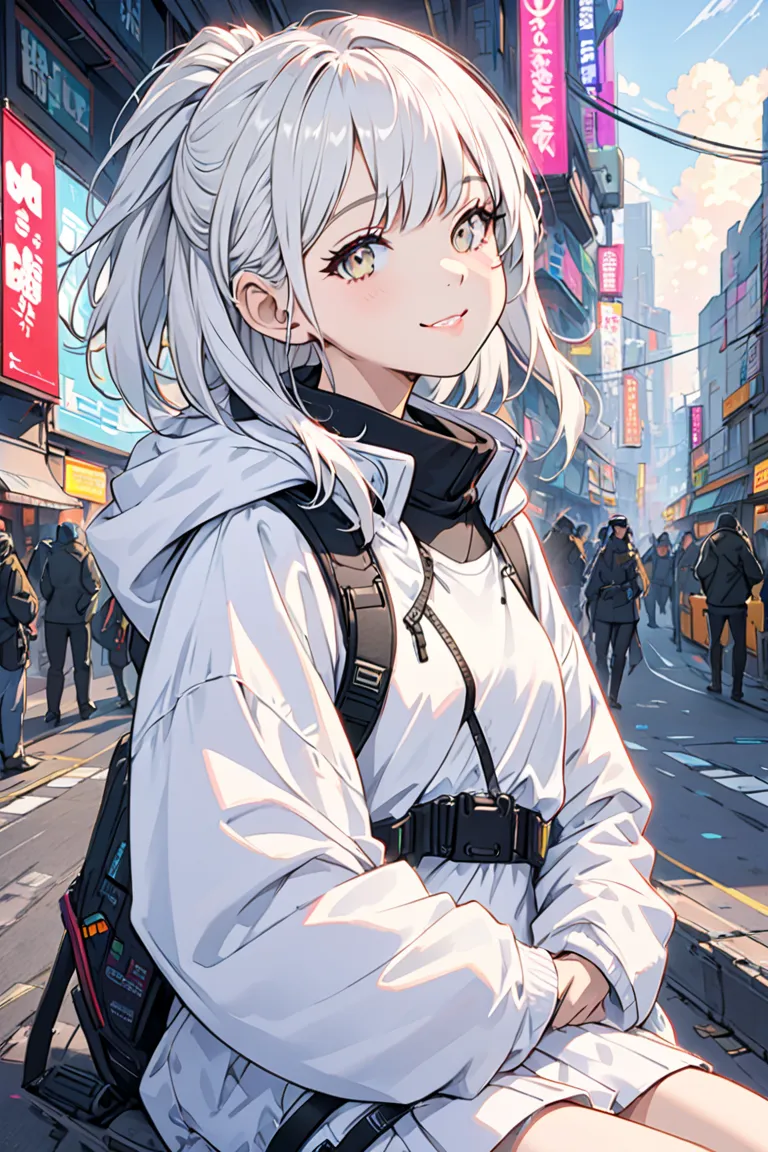 girl,  cyberpunk, white hair,  cute, white eyes,  smiles more closely