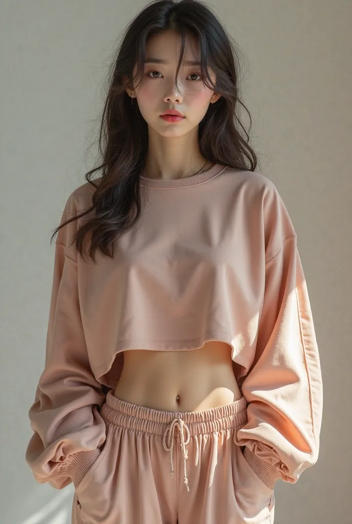 high resolution, High profile ,  HD, Very good job., Texture, ยู  HD, correct anatomy, Korean girl wearing a large long-sleeved cropped top, revealing her navel and pants.,  high quality,  Realistic photo , Studio lighting, Light attenuation, Colorful, Con...