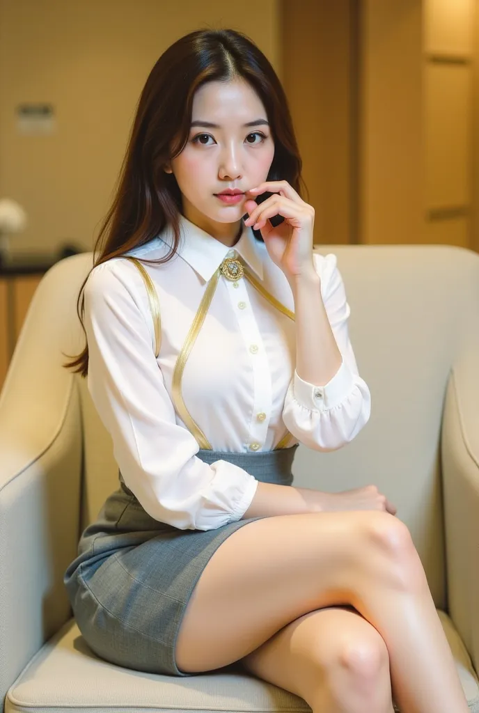 a young woman seated on a light-colored chair in an indoor setting, likely an office or lounge. She has long, dark hair styled neatly, and her expression is poised and confident. She is dressed in a professional yet stylish outfit, consisting of a white bl...