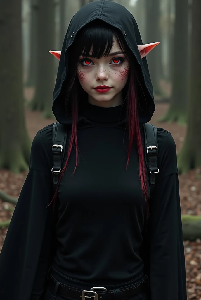 Create a movie poster featuring a red-eyed young female vampire, pale, black hair with red highlights behind the back of the neck, small pointed ears, sardines under the eyes and on the nose,  black turtleneck blouse, black pants and a black cloak with a h...