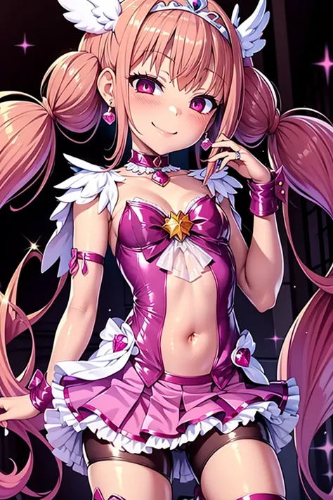  cure happy , low twin tail,  feather headdress, skirt, tiara,   wrist cuffs , pink shorts, shorts under skirt,  Bbo~, corruption, hollow eyes,  half-open, Evil Smile, no students, crazy smile, open your mouth, 1 girl, Mature Woman,  Married Woman,  Dark M...