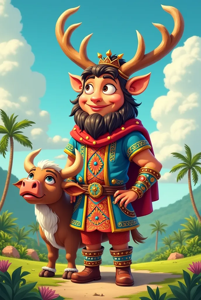 cartoon-style Filipino version of God Freyr of norse mythology along with a carabao instead of boar