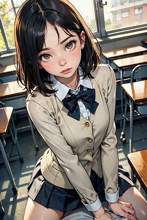 masterpiece, insanely detailed, schoolgirl, short bob, wave hair, black hair, golden eyes, droopy eyes, big eyes, fair skin, collared shirt, blazer, pleated skirt, school uniform, bow, shirt lift,  classroom,missionary position, 1 boy, sex, cum