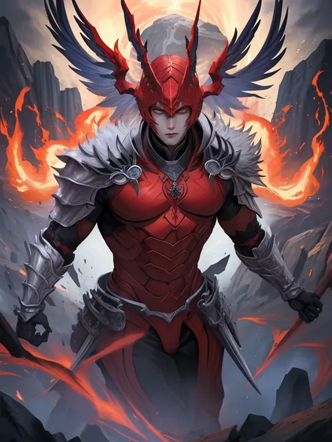 An epic web novel cover image in the style art featuring animated manhwa style male warrior in mystical designed streamlined body-con ancient red armor,. his hands is manipulating vibrant blue elemental magic. The background is a mystical apocalyptic dimen...