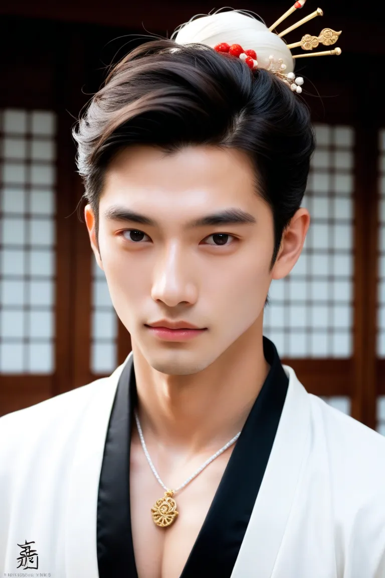 Create a male character with the following traits :  a fair-skinned young man , long black hair and dark eyes. He wears a traditional Chinese kimono with intricate embroidery and a jade pendant around his neck. His hair is styled in an elegant bun, and he ...