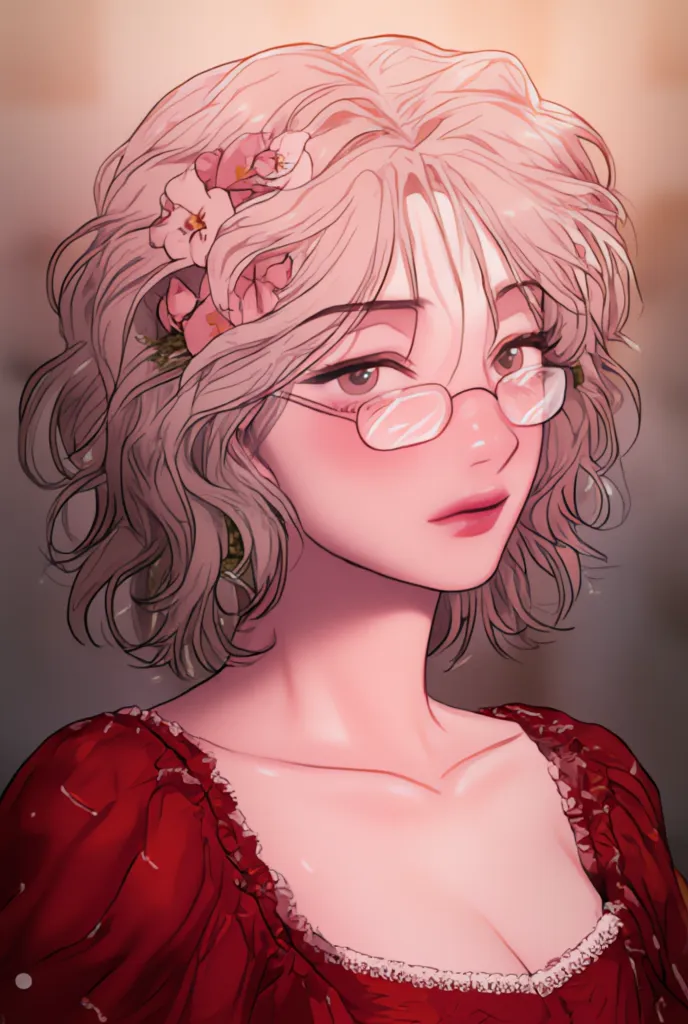 A woman with short, pastel pink hair and bangs, her green eyes sparkled behind a pair of glasses. She wore delicate flowers woven into her hair and a vibrant red dress.