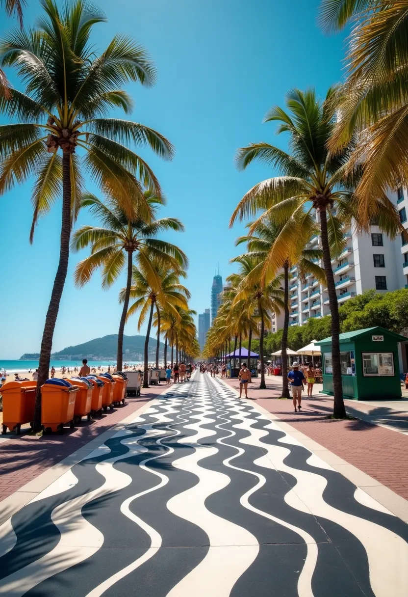  The image portrays the iconic Copacabana sidewalk,  in Rio de Janeiro , Brazil, with its undulating pattern in black and white, a trademark of the city. In the background, we see the famous Copacabana Beach, where several people enjoy the sunny day. Palma...