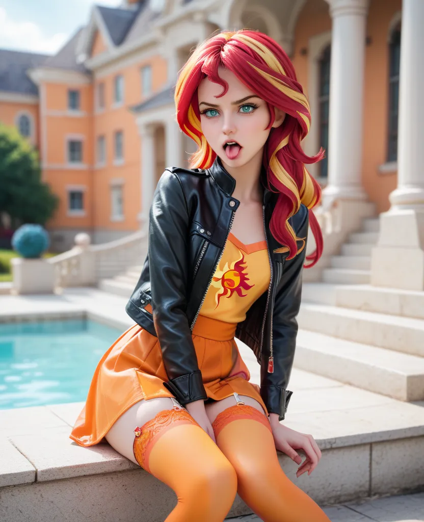 Sunset Shimmer of  " MLP Equestria Girls's hair",  red hair with orange. black jacket,  orange blouse ,  thigh-length black tights,  garter in each stocking ,  knee-length blouse, annoyed,  Open your mouth, tongue out, desde arriba,  In a Mansion.