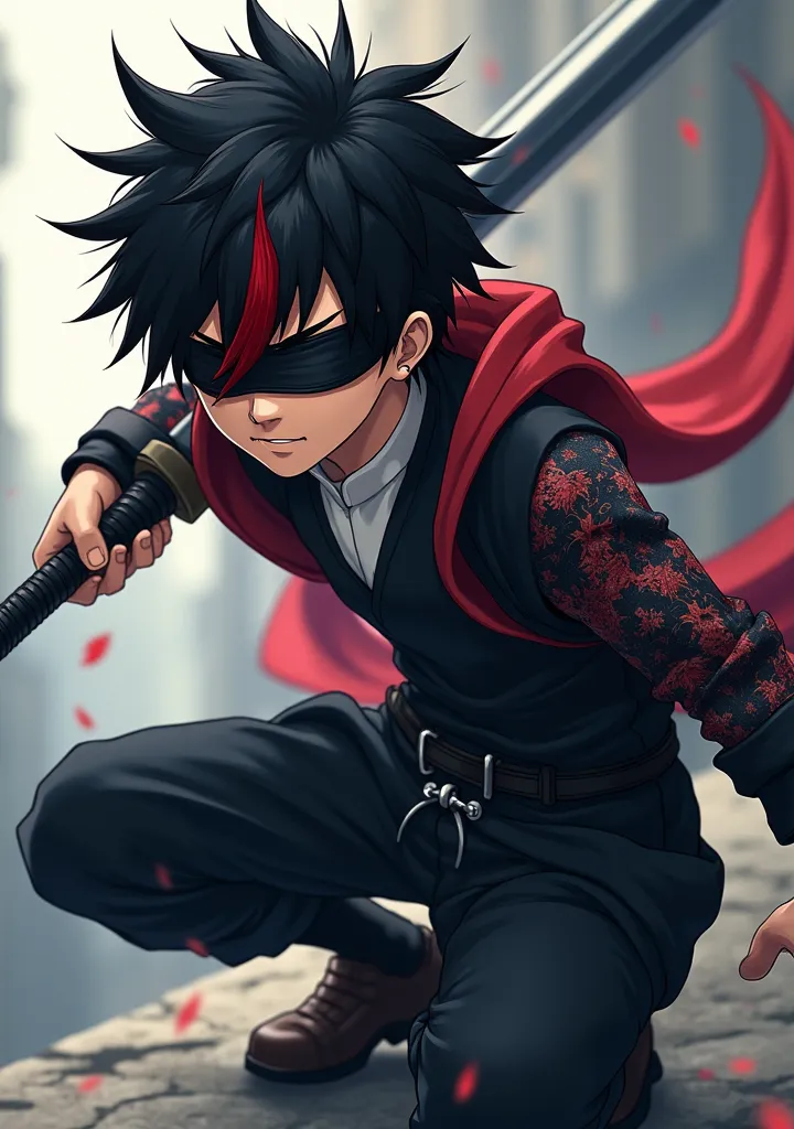 Anime style boy, with blindfolds, a red tuft in the hair, Crouched with sword in hand ON SIDE