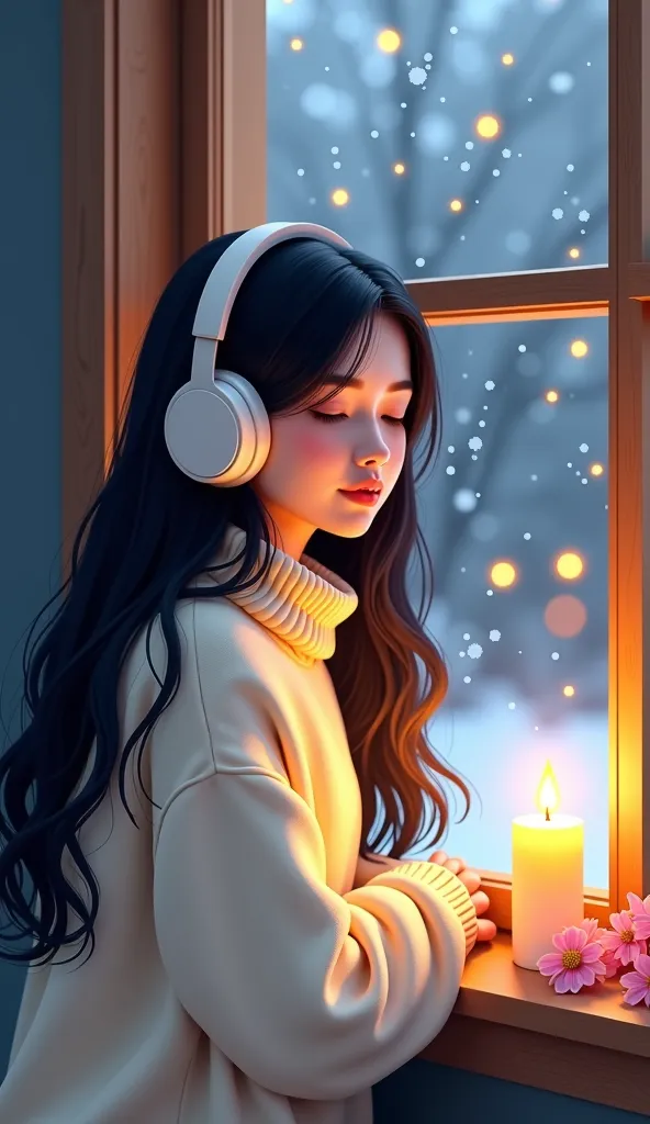 ((illustration)), ((painting 2d style)), A young woman with long, flowing dark hair sits by a cozy window, wrapped in a thick cream-colored sweater, lost in the warmth of a quiet winter night. Snowflakes gently fall outside, illuminated by soft golden ligh...