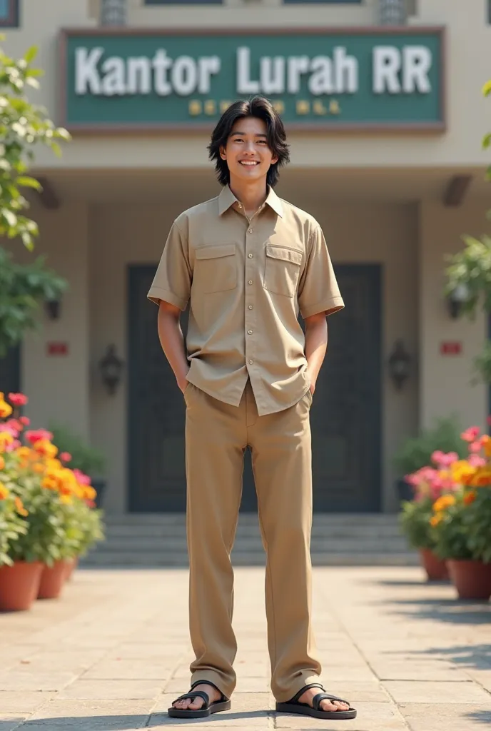 (photorealism:1.2), a Korean man with long hair, smile see camera, light brown shirt, light brown trousers, black leather sandals, standing in front of a large building, the sign board text "KANTOR LURAH  RR", bunga warna warni di pot 