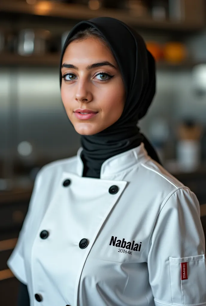 a beautiful female chef wearing hijab and  a chef's jacket, in the jacket has the name Nabila, she is standing in the busy kitchen, realistic photographic style, green eyes, high detail, 8k, masterpiece, (best quality,4k,8k,highres,masterpiece:1.2),ultra-d...