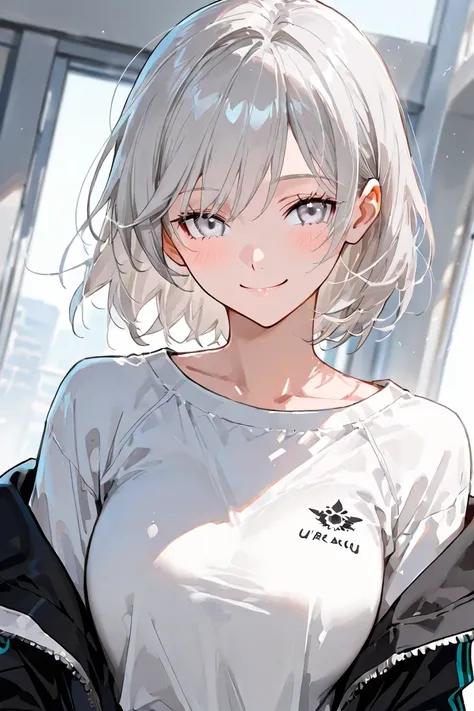 (very high resolution, high resolution, Ultra-precision), adult, detailed eyes, 1 Female, dynamic angle, light skin, Silver short hair, silver eyes, magic campus uniform, smile, cute, holding a Research Notes