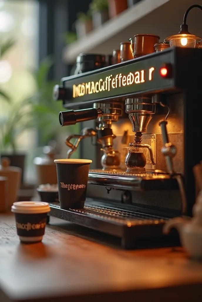 iny baristas working inside a modern coffee machine, preparing coffee. The machine has the text 'Temacoffeebar' written on it. The tiny workers are actively making coffee, operating the machine like a miniature café. A take-away coffee cup with the same 'T...