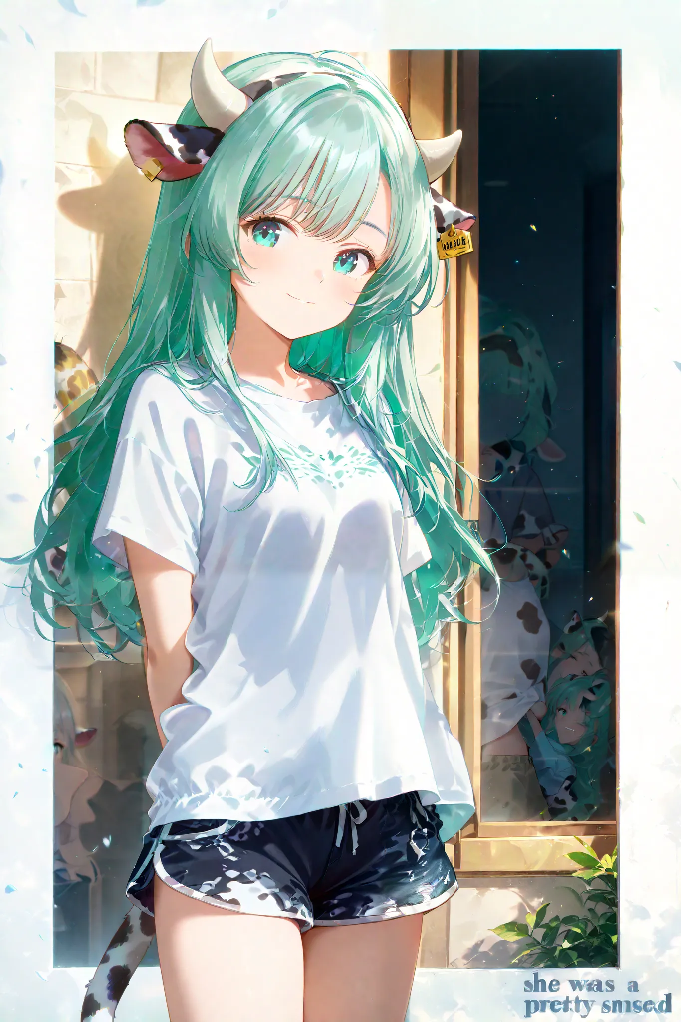 Cow girl with cow ears and horns, leopard tail and long hair, light turquoise hair and turquoise eyes , white loose-fitting shirt and loose-fitting shorts, She was a pretty girl who smiled 