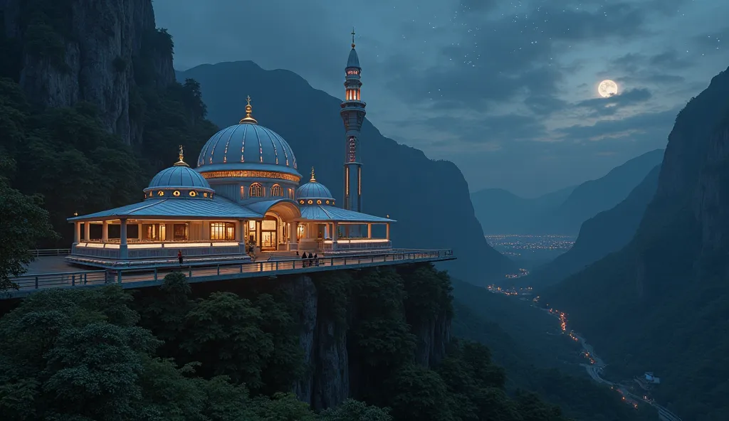 a tiny futuristic mosque with Minang architecture under the Harau Valley at night from a distant top view