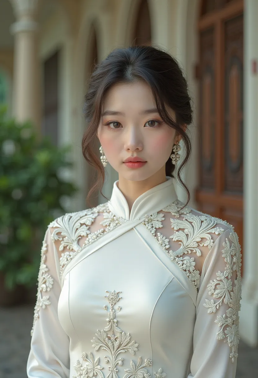 woman、Korea person、Korea person beauty、Ao Dai、White Ao Dai、intricate detailes、hightquality、(High class:1.4)、Philippine school background、 super realistic 8K 、face perfect、Perfect、clean、​masterpiece、Professional artwork、famousartwork、face perfect、Beautiful ...