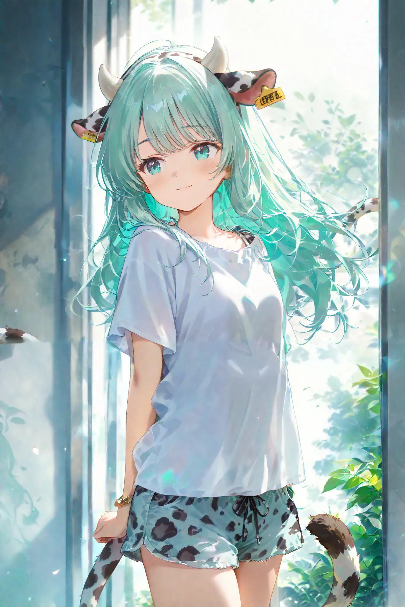 Cow girl with cow ears and horns, leopard tail and long hair, light turquoise hair and turquoise eyes , white loose-fitting shirt and loose-fitting shorts, She was a pretty girl who smiled 