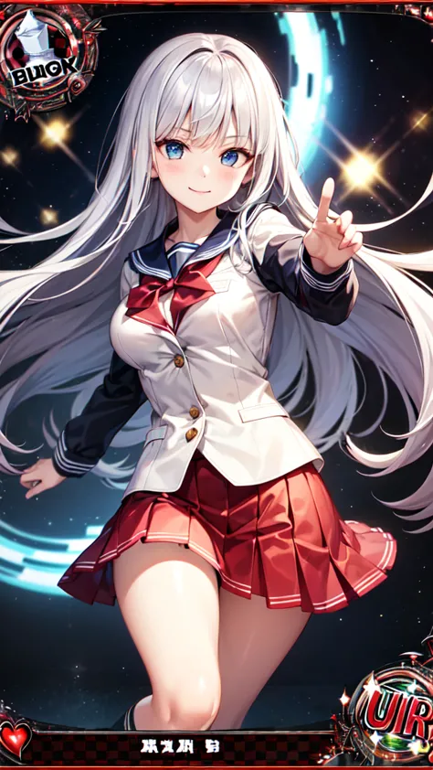 Capture a trading card photo of a character striking a pose. Imagine a long-haired high school girl with silver hair and blue eyes. She's wearing a sailor uniform with a navy blazer, red skirt, and a red ribbon. She's smiling charmingly at the camera.