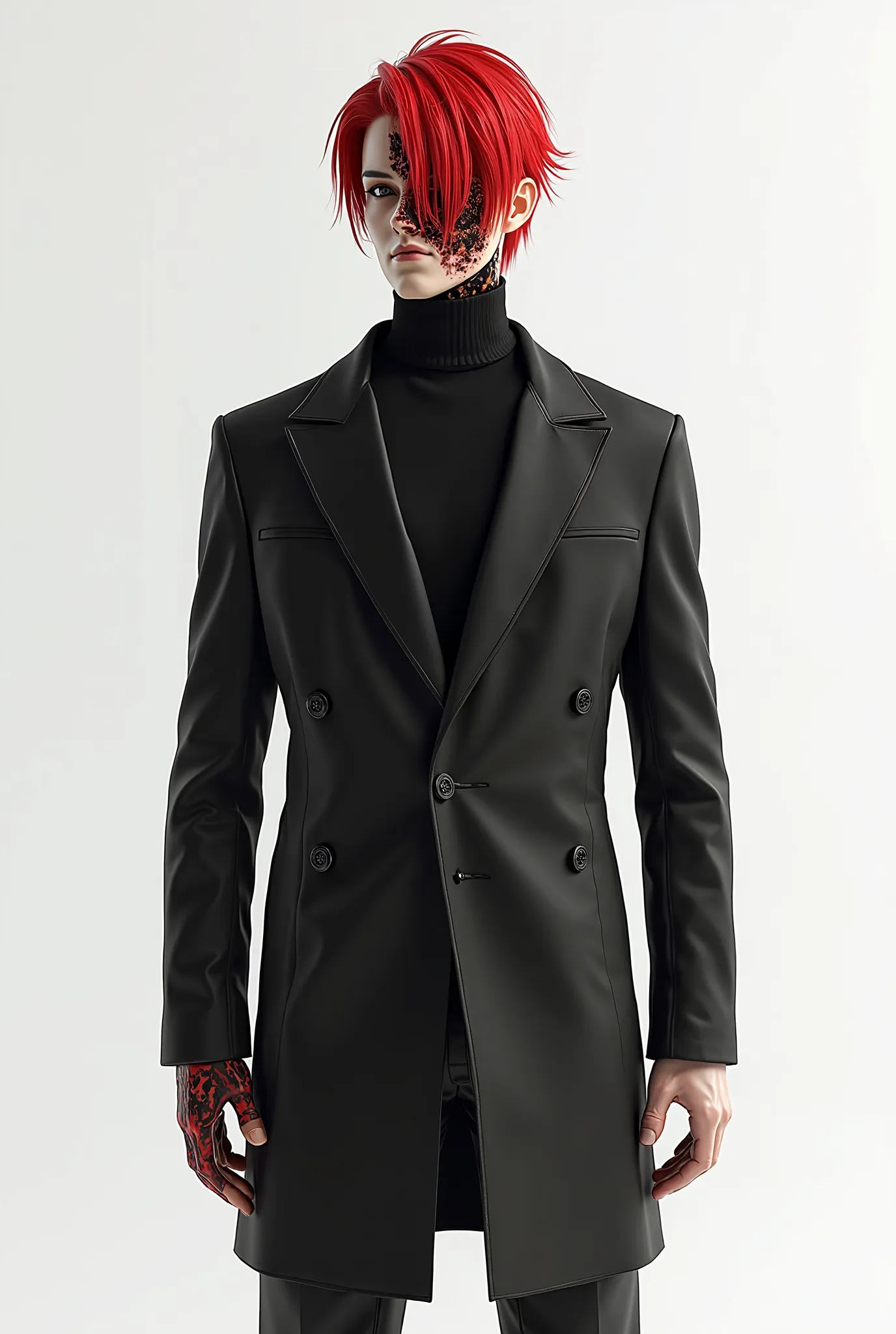 Give me a full body human with red hair with black highlight full body white background 3D both back and front with a tailcoat and turtleneck shirt male with a burnt half face