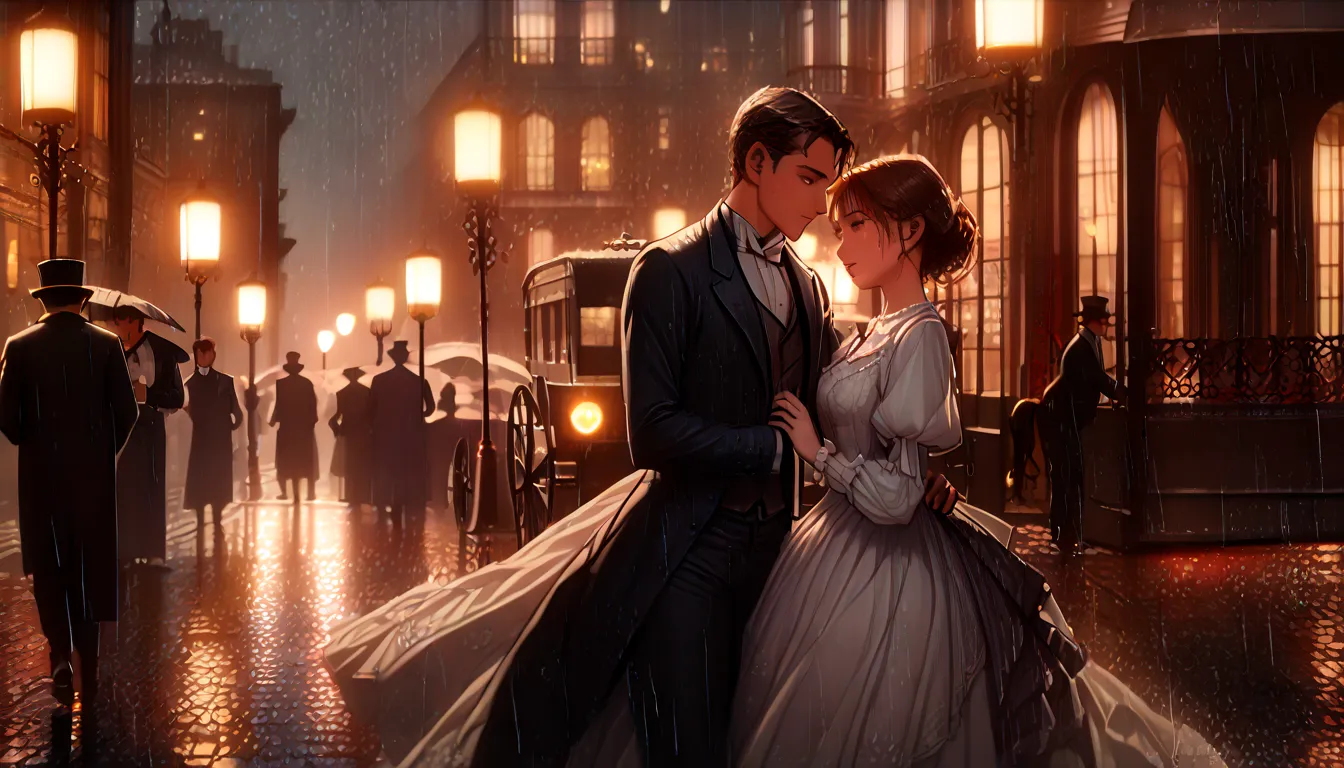 best quality, (far view), (romantic rainy night:1.2), (New York City 1900:1.2), (couple dancing in rain:1.3), (vintage street lamps:1.1), (wet cobblestone streets:1.1), (misty atmosphere), (Victorian-era dress:1.2), (classic suit), (glowing windows), (soft...