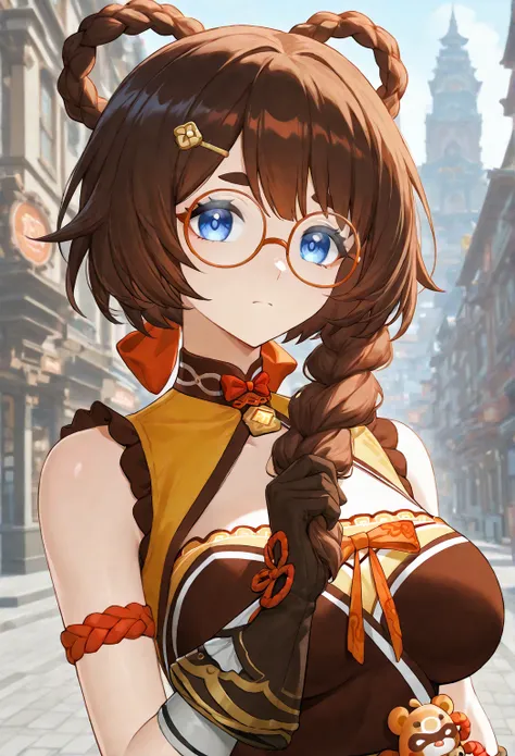 Anime cute young Woman with brown hair in a short braided ponytail over shoulder, with blue eyes, with glasses, in genshin impact xiangling’s clothes, with brown full gloves, with very large chest, top body portrait, in a city background