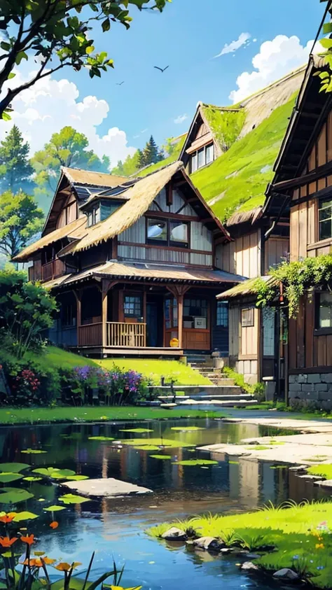 A beautiful, serene village nestled in the heart of nature, under a bright, clear blue sky. The village is surrounded by lush green hills, rolling fields, and vibrant wildflowers in full bloom. Traditional, charming wooden houses with thatched roofs are sc...