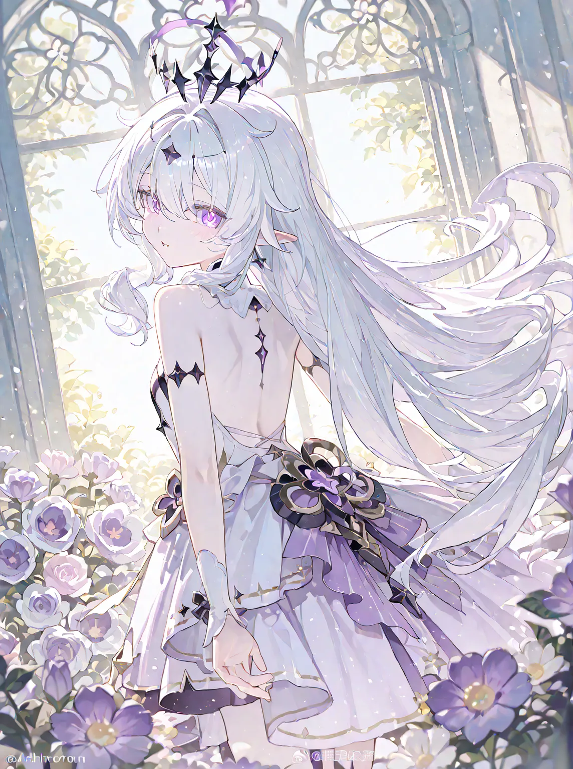 white skinned strong woman slanted violet eyes, elf ears, bright white shoulder-lenght few wavy white hair and back long hair violet locks, She uses a black crown with purple little gens decals, purple and white barrette, a white dress with black ornaments...