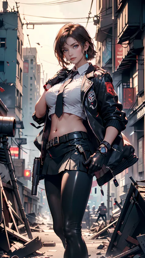 1 girl, ( dark hair,  medium hair, big breasts, red eyes), perfect anatomy, city, cyberpunk style, ((white shirt, black jacket, black skirt, belly button, belt, black gloves, tie,  Watch, earrings, transparent black leggings )), ((holding a gun)), war, rui...