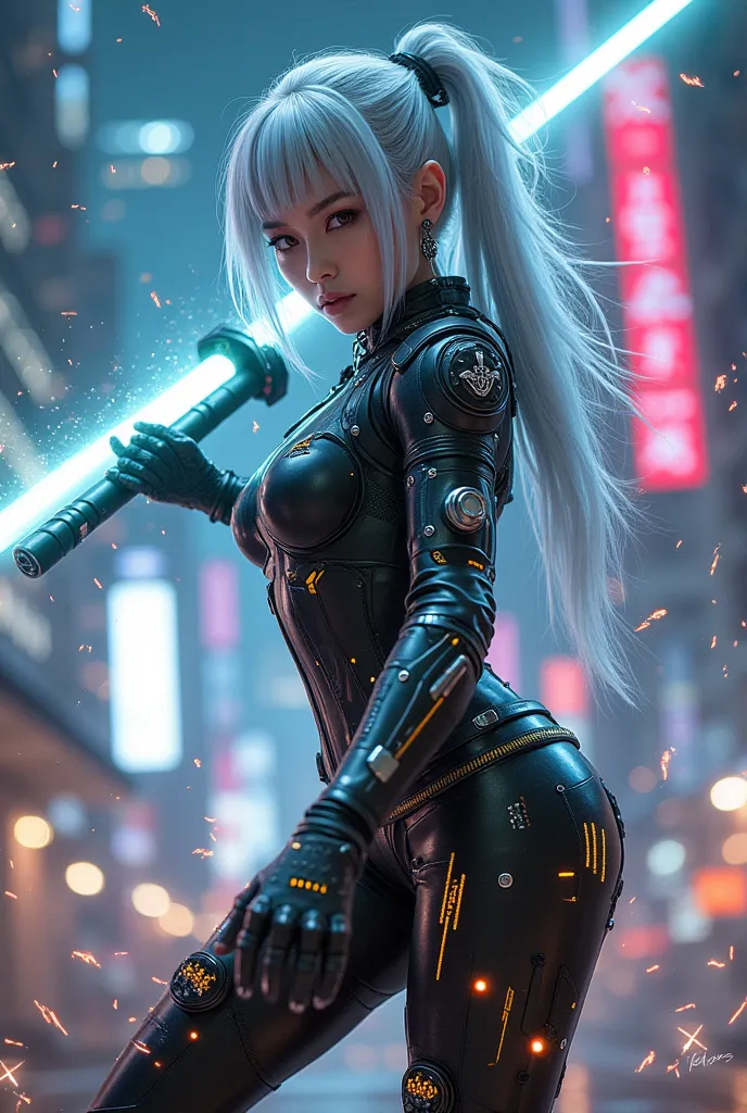 dynamic action scene with sparks dancing。cyber A futuristic female warrior who combines punk and Japanese styles、Ready for battle with a cool expression。skyscrapers in a neon city、wears cybernetic accessories with long silver hair and {x} suits are embedde...