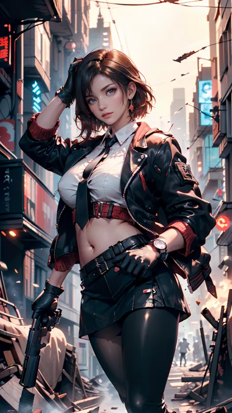 1 girl, ( dark hair,  medium hair, big breasts, red eyes), perfect anatomy, city, cyberpunk style, ((white shirt, black jacket, black skirt, belly button, belt, black gloves, tie,  Watch, earrings, transparent black leggings )), ((holding a gun)), war, rui...