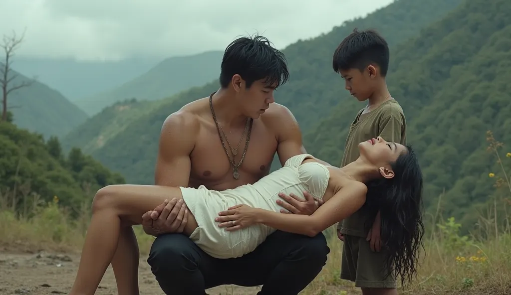 A young Vietnamese man is kneeling, holding an unconscious woman in his arms, with a  boy standing next to them, staring at the woman. The young man is wearing a thin, wet, tight-fitting shirt that shows off his muscles, and black pants. The woman is weari...