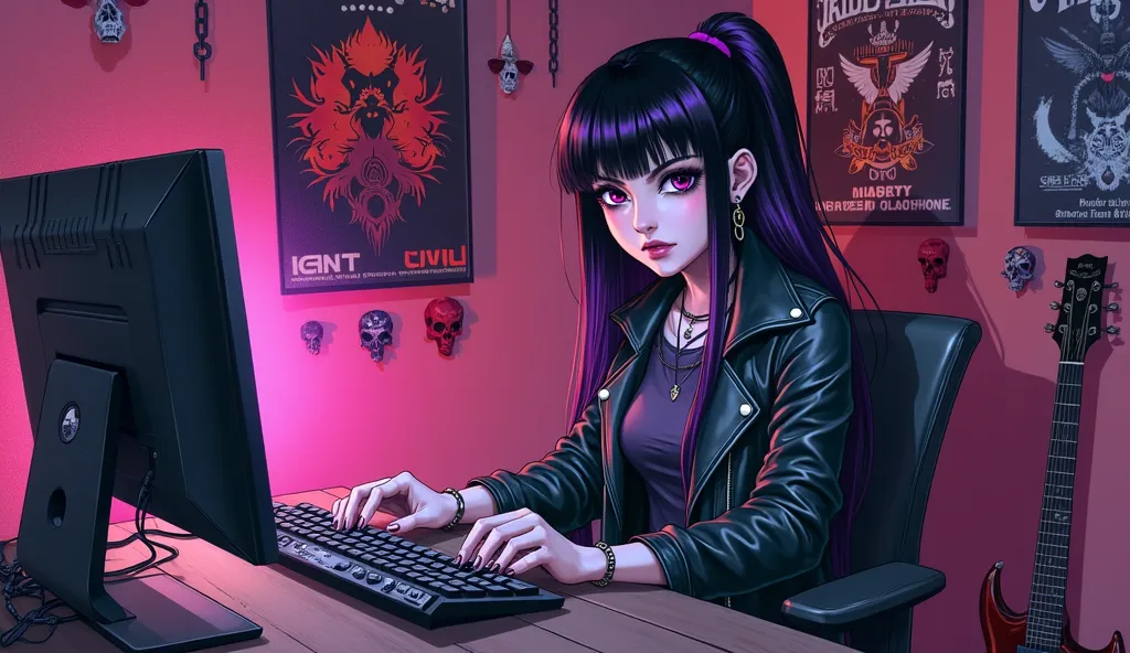  Detailed anime-style digital illustration ,  with a dark, urban vibe . One with a heavy metal look is sitting at a table,  typing on a computer keyboard decorated with skull stickers and gothic symbols. Her face is visible ,  with a serious and concentrat...