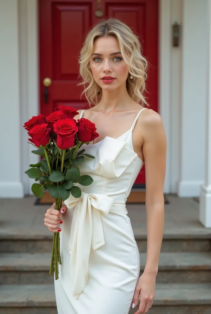 A photo-realistic shoot from a front camera angle about a woman in a white dress holding a bouquet of red roses, standing in front of a red door. on the middle of the image, a 20 years old woman with light skin, curly blonde hair, and blue eyes appears to ...