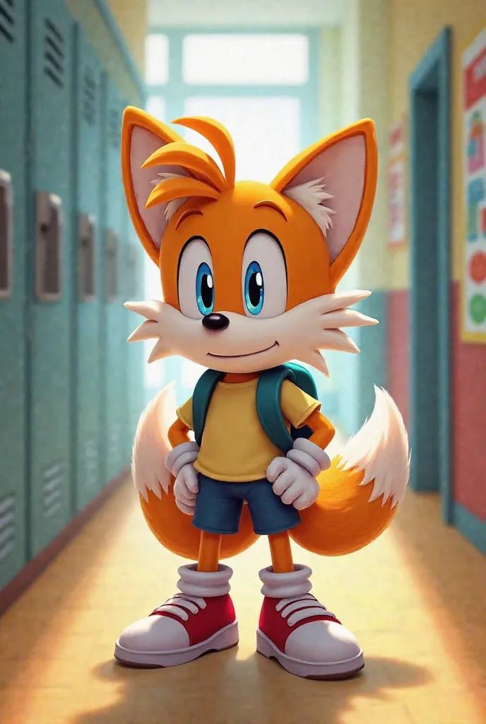 "A young, cartoon-style Tails the Fox from Sonic, depicted as a , standing in the school hallway. He has his signature two fluffy tails and a curious expression on his face. His big, bright eyes are looking around as if he’s exploring or waiting for someth...