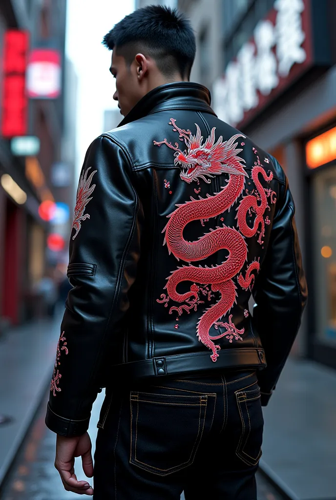 leather jacket and jacket in samurai style with LED lights, with dragon ornaments, For men, front and front view 