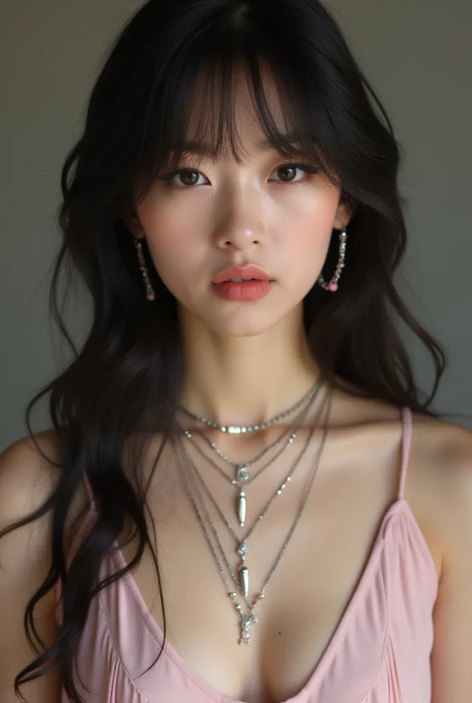  a young woman.  She has long, dark hair styled with bangs, and she's wearing a pale pink, low-cut top.  She's adorned with several delicate necklaces featuring pink and silver accents. Her expression is serene and somewhat pensive.  The overall aesthetic ...