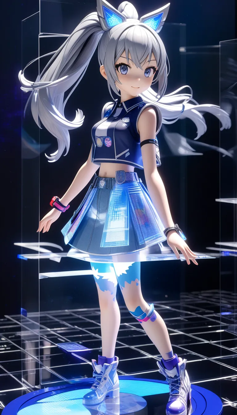 Collapse Star Railのキャラクターsilver wolf。Collapse Star Rail。silver wolf。 Silver Hair。ponytails for beautiful people。idol 。 \  character "  atlus"\, alone, ((   Transparency ３d,   transmission processing using holographic projection , 。 clear texture  )),  。 BR...