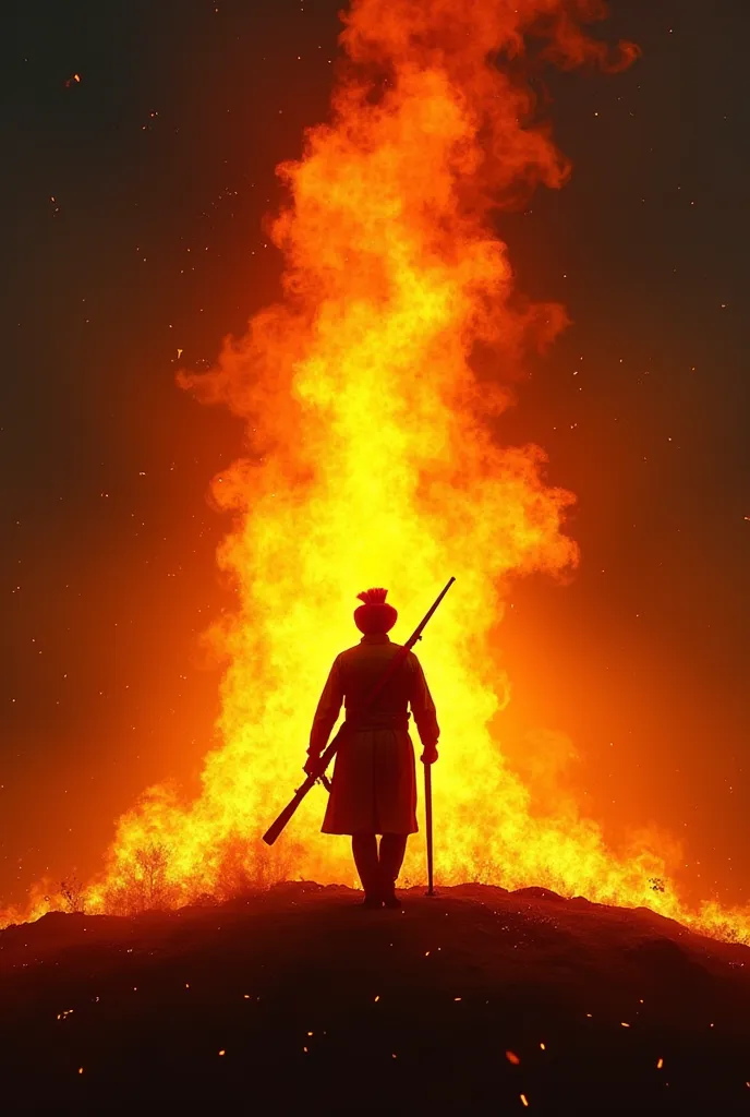 A symbolic artistic representation of a flame transforming into a roaring wildfire. Hidden within the flames, a silhouette of Mangal Pandey wearing red turban stands, holding a rifle and sword, inspiring the masses.