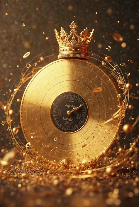 Gold vinyl record with a king's crown on the side and musical notes around 