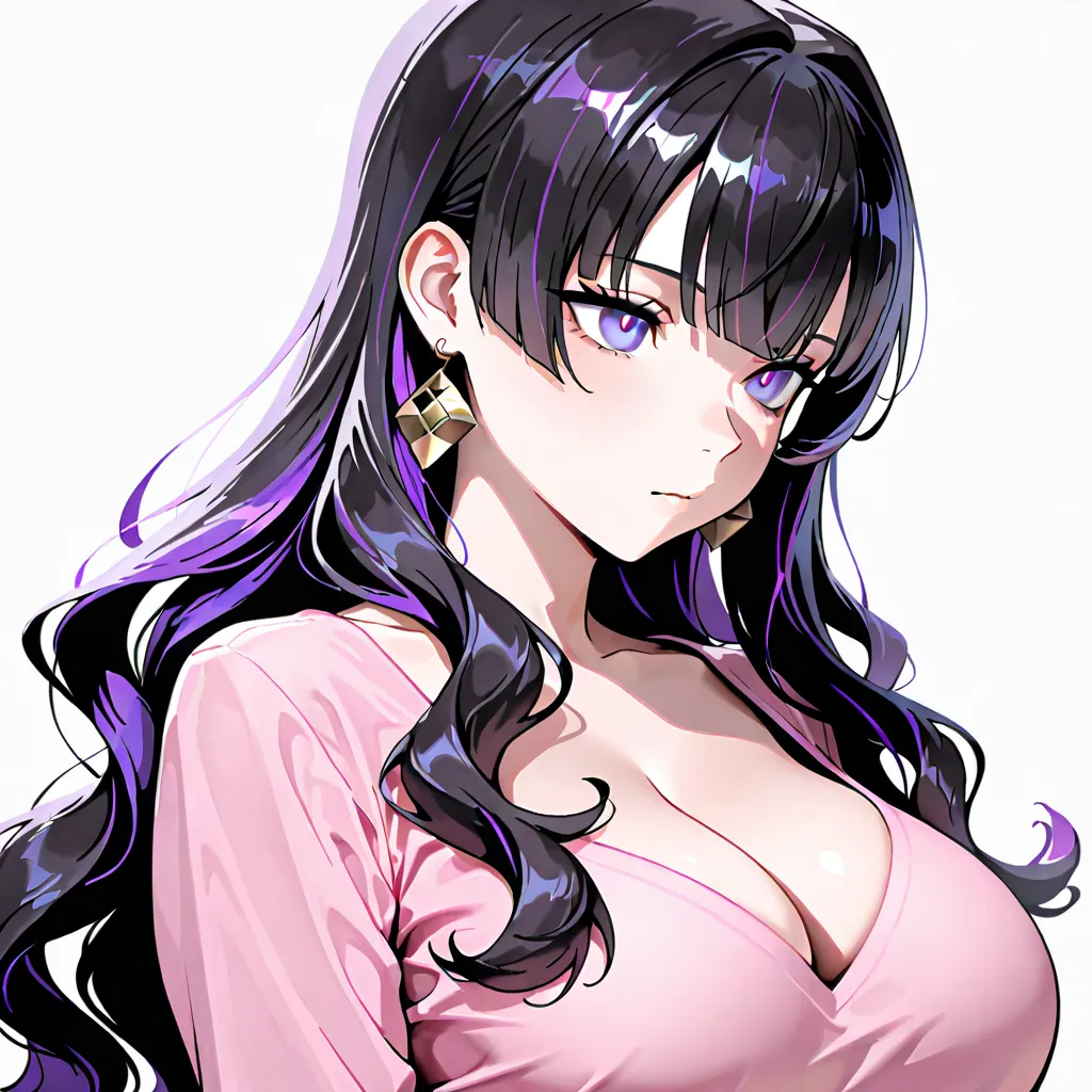 High resolution, cabello largo, black hair,  breasts,  earrings, violet eyes, jewelry, the best quality, mujer straight bangs, straight bangs,Lots of hair, wavy hair,  Precise, big breasts, straight bangs, PRECISIO, violet eyes, cute,  pink clothes , ALL P...