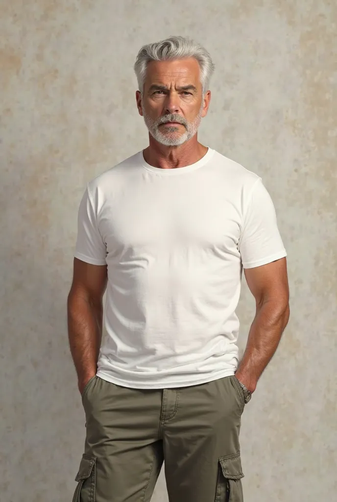 A white male 6ft 2 silver hair in t shirt and cargo pants 