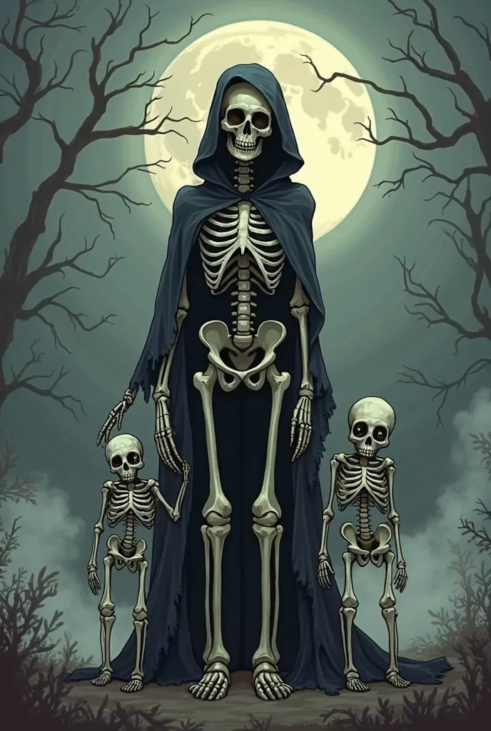 For a Halloween cover, create a family of skulls and skeletons with a mother and two ren, one  and the other 2 months old.