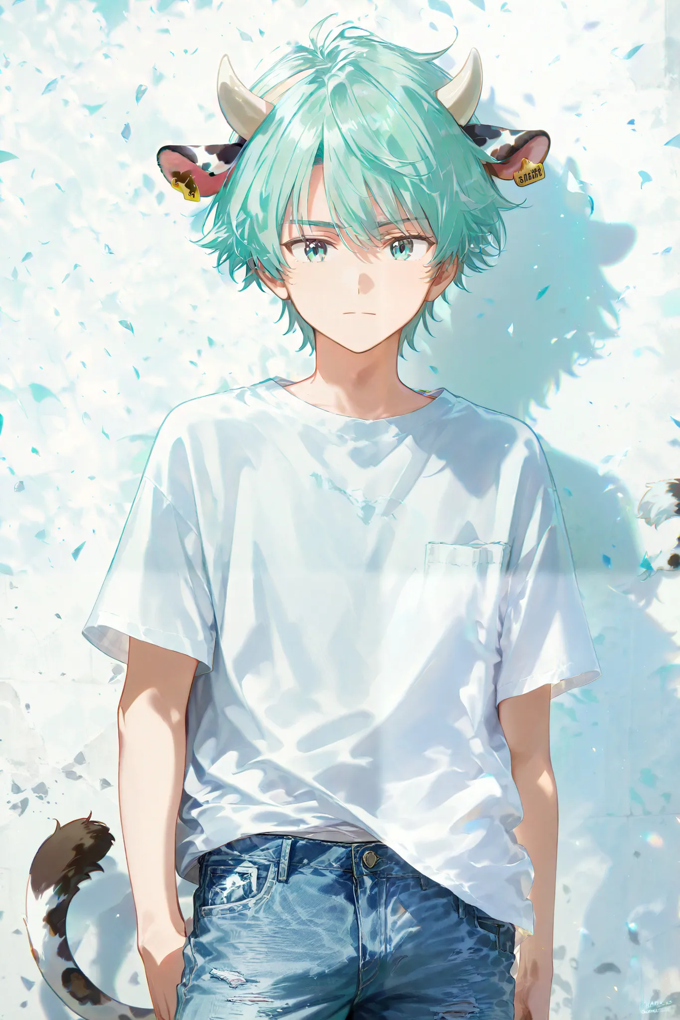 boy cow with cow ears and horns, leopard tail and short hair, light turquoise hair and turquoise eyes , loose white shirt and jeans, He was a boy with a serious expression 