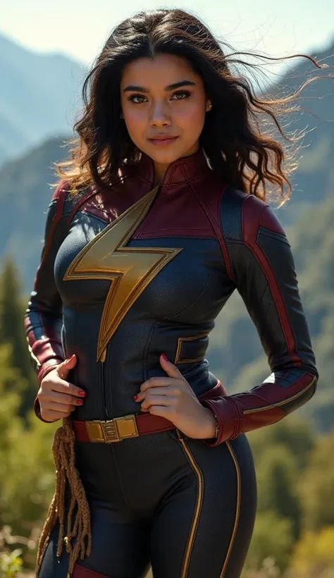 This is an image of 1M4N, uniform a beautiful detailed photograph,  CASCADING HAIR , , wearing miss marvel, Marvel Series, heroin, mascara, looking at the viewer, smiling,  showing teeth . standing, hands around the waist, by Frente, Landscape behind 