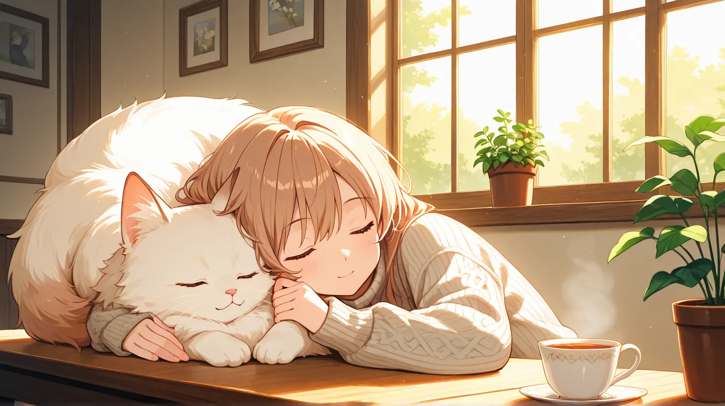 
"An anime-style illustration of a young woman sitting by a window in the morning light. She wears an oversized knitted sweater and is gently sipping tea from a cup. A soft, golden glow from the sunlight filters through the window, creating a cozy atmosphe...