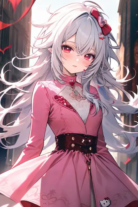 Anime Vampire Girl with messy hair white color hair with turquiose hair color  Red evil eyes with scorpion inside the eye pink lether jacked 8k resolution       Great details on face  handsome dress in pink jacket with hello kitty 